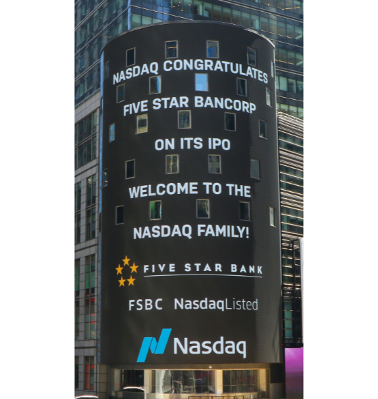 Nasdaq Billboard Picture with Five Star Bank logo.