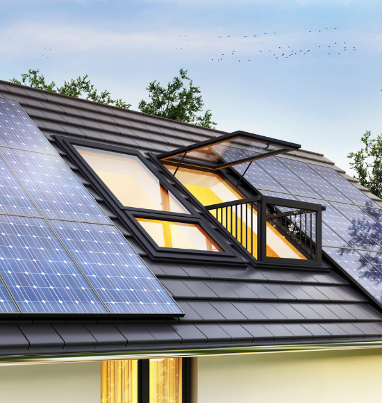 Solar panels on a house to show energy efficiency.