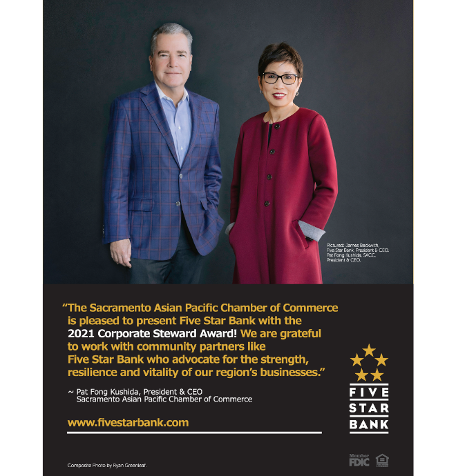 Comstock's Magazine back cover featuring Pat Fong Kushida from the Sacramento Asian Pacific Chamber and Five Star Bank CEO, James Beckwith.